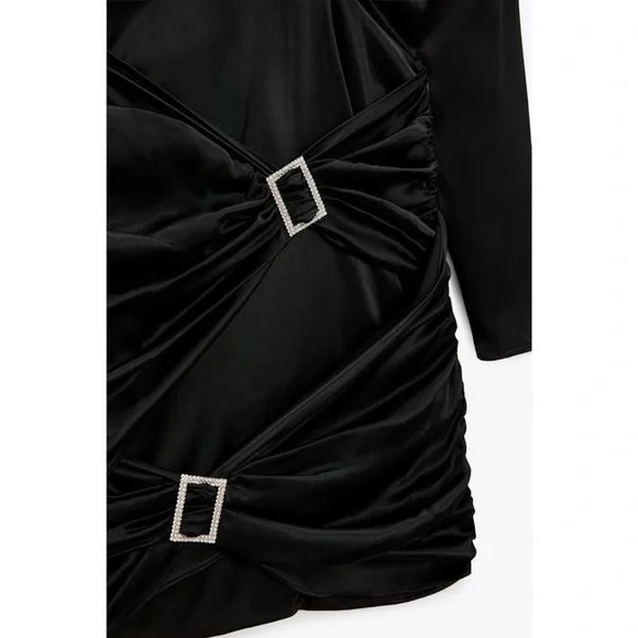 Zara Jeweled Trim Satin Effect Long Sleeve Dress Black NEW - Picture 6 of 6